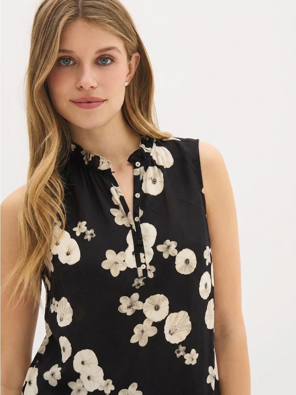 Talbots Sleeveless Black Floral Ruffle-Neck Top